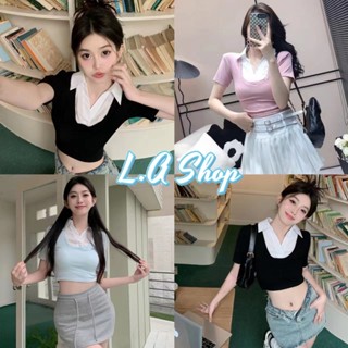 L.A Shop ​พร้อมส่ง เสื้อไหมพรม แขนสั้นคอปก สีพาสเทล ทรงครอปสั้น สไตล์เกาหลี "J168" -C