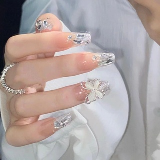 Hot Sale# handmade fake nails nail patch flashes silver diamond Cats Eye Stone bowknot wear nail piece finished product can be repeatedly disassembled 8cc