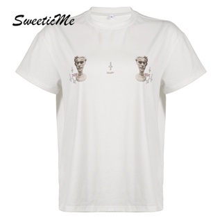 Sweeticme ใหม่ เสื้อยืดลําลอง แขนสั้น คอกลม ทรงหลวม พิมพ์ลาย แฟชั่นสําหรับสตรี 2023