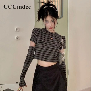 Cccindee ใหม่ เสื้อยืดลําลอง แขนสั้น เข้ารูป ลายทาง เซ็กซี่ แฟชั่นสําหรับสตรี 2023