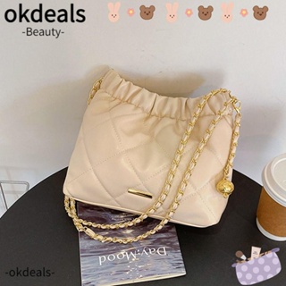 Okdeals กระเป๋าสะพายไหล่ หนัง PU ทรงบักเก็ต ขนาดใหญ่ จุของได้เยอะ ลายสก๊อต สีพื้น แฟชั่นสําหรับสตรี