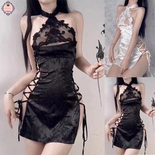 Women Sexy Lingerie Lace Cheongsam Cosplay Chinese Bellyband Strap Hollow Dress