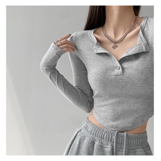 เสื้อยืดแขนยาว เข้ารูป เข้ารูป สีเทา สไตล์อเมริกัน สําหรับผู้หญิง