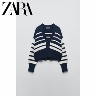 Zara ใหม่ เสื้อแจ็กเก็ตถัก แขนยาว คอวี ลายทาง สําหรับผู้หญิง