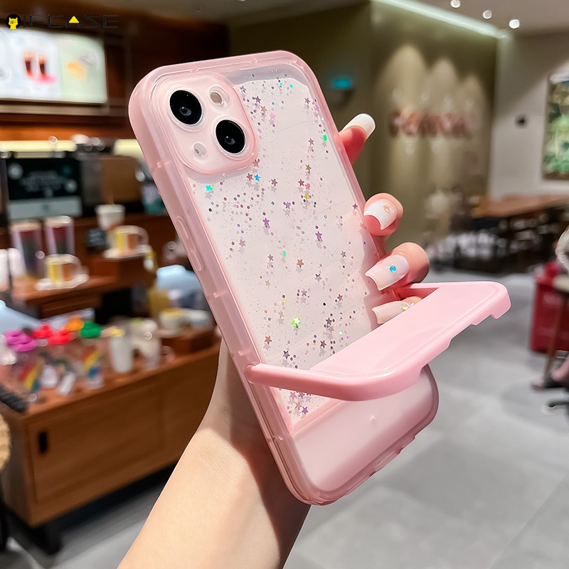 เคสโทรศัพท์มือถืออีพ็อกซี่ใส แบบนิ่ม ลายกากเพชร มีขาตั้ง สําหรับ iPhone 14 Plus 13 Pro Max