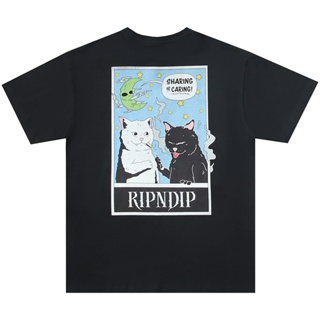 เสื้อยืดแขนสั้น ผ้าฝ้าย พิมพ์ลายการ์ตูนแมว RIPNDIP Mean Cat สไตล์อเมริกัน สําหรับผู้ชาย และผู้หญิง