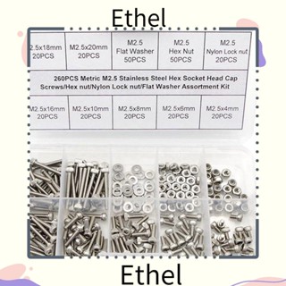 Ethel1 ชุดสกรูเมตริก M2.5 4 6 8 10 16 18 20 มม. และน็อตแหวนรอง พร้อมกล่องเก็บ ไนล่อน 260 ชิ้น