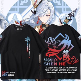 เสื้อยืดแขนสั้น พิมพ์ลายการ์ตูนอนิเมะ Shenhe Man ทรงหลวม เหมาะกับของขวัญ สไตล์ญี่ปุ่น สําหรับผู้ชาย จํานวน 2 ชิ้น