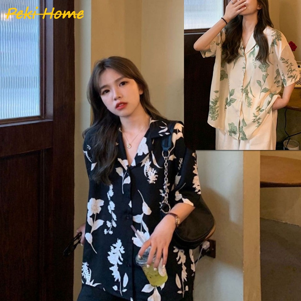 เสื้อเชิ้ตแขนสั้นลําลอง ทรงหลวม ลายดอกไม้ เนื้อผ้าระบายอากาศ