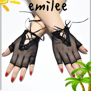 Emilee ถุงมือตาข่าย แบบครึ่งนิ้ว สีดํา สไตล์พังก์ โกธิค แฟนซี สําหรับผู้หญิง 2 คู่