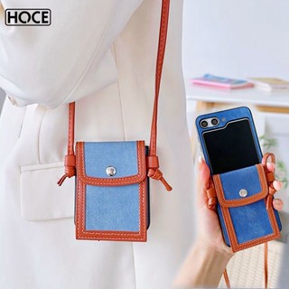 Hoce ZFlip5 เคสโทรศัพท์มือถือผ้ายีน กันกระแทก พร้อมกระเป๋าสตางค์ และสายคล้อง สําหรับ Samsung Galaxy Flip5 5G