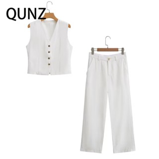 Qunz เสื้อกั๊กแฟชั่น ผ้าลินิน สีขาว + กางเกง 271