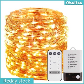 Aks สายไฟหิ่งห้อย LED ทองแดง 8 ฟังก์ชั่น พร้อมกล่องแบตเตอรี่ สีดํา สีขาว รีโมตคอนโทรล USB สําหรับคริสต์มาส สวน