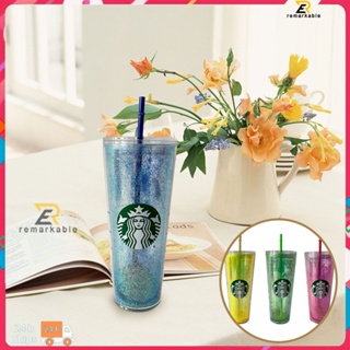 พร้อมส่ง Starbucks Plastic Pink Glitter Reusable Plastic With Lid And Straw Cold Cup710ml/24oz excellent_th