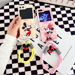 เคสโทรศัพท์มือถือ PC แข็ง กันกระแทก ลายการ์ตูนมิกกี้ มินนี่เมาส์ พร้อมสายโซ่คล้อง สีชมพู สําหรับ Samsung Galaxy Z Flip5 5G 3in1 Z Flip4 Z Flip 3