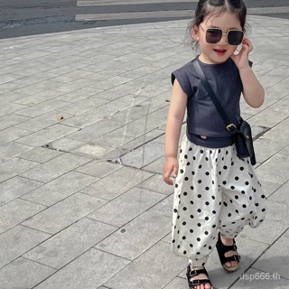 Korean style childrens clothing womens clothing fashionable suit Western style summer solid color T-shirt polka dot trousers childrens leisure two-piece set RXVS