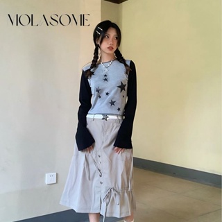 Molasome เสื้อยืด คอกลม แขนยาว สีตัดกัน ทรงสลิมฟิต สําหรับผู้หญิง 2023