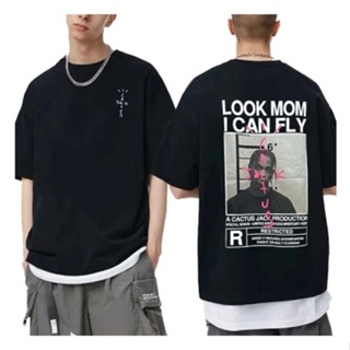 [S-5XL]เสื้อยืดแขนสั้น พิมพ์ลายโลโก้กระบองเพชร LOOK MOM I CAN FLY Travis Scott สไตล์ฮิปฮอป แฟชั่นฤดูร้อน สําหรับผู้ชาย แ