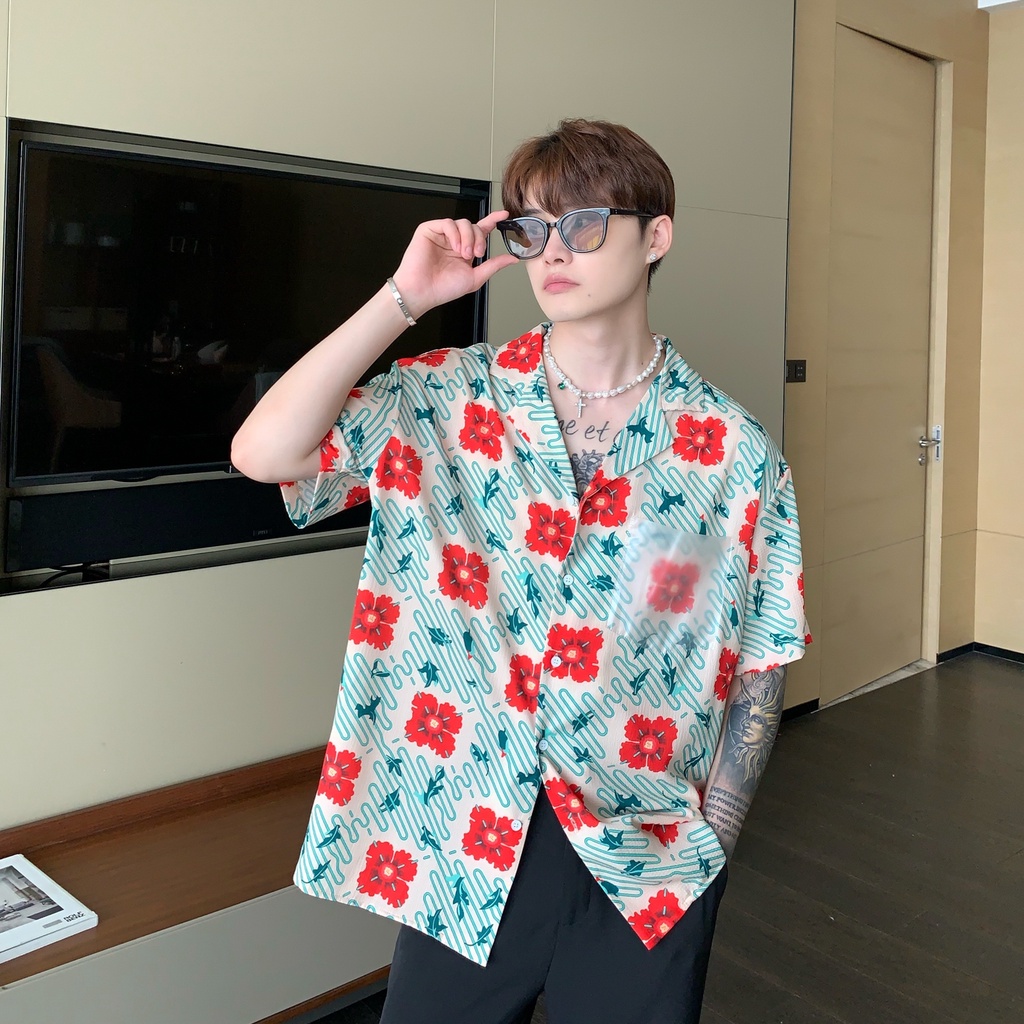 เทศกาลสงกรานต์ เสื้อเชิ้ตแขนสั้นลําลอง ทรงหลวม พิมพ์ลายดอกไม้ สีคอนทราสต์ สไตล์เรโทร สําหรับผู้ชาย