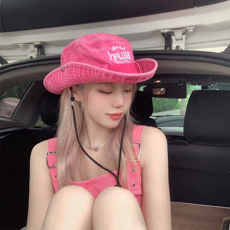 หมวกบักเก็ต กันแดด ปักลายดอกกุหลาบ สีชมพู แฟชั่นฤดูร้อน สําหรับผู้หญิง ตั้งแคมป์ เดินป่า กลางแจ้ง