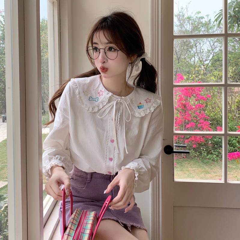 เสื้อเบลาส์ แขนยาว คอตุ๊กตา แต่งลูกไม้ ทรงหลวม อเนกประสงค์ แฟชั่นฤดูใบไม้ผลิ สําหรับผู้หญิง