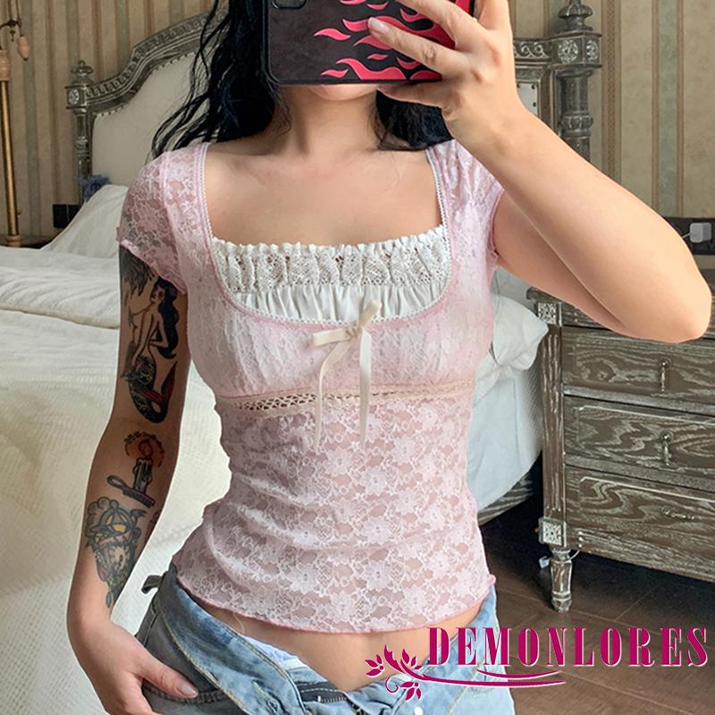 Demonlores-ผู้หญิง Y2K ฤดูร้อนเสื้อยืด Splicing สแควร์คอแขนสั้น Crop Tops Camisole สําหรับหญิง