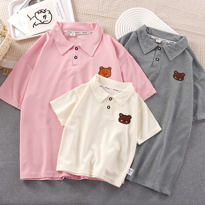 [ML] เสื้อโปโลแขนสั้น ลายหมี สไตล์ตะวันตก เหมาะกับฤดูร้อน สีพื้น สําหรับเด็กผู้ชาย และผู้หญิง ไซซ์ 80-2xl