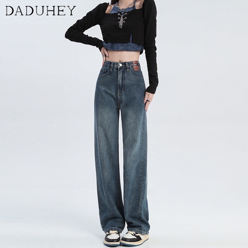 DaDuHey 2023 New Korean Style Washed Retro Jeans Women Niche Fashion High Waist Loose Wide Leg Casual Mop Pants