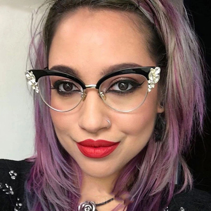 ผู้หญิงกรอบแว่นตา Cat Eye Shiny Rhinestones สําหรับ Lady แว่นตาแฟชั่นแว่นตา