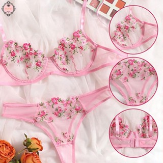 Women Sexy Lace Embroidery Bra Thongs Set  Sheer Nightwear Lingerie Sleepwear