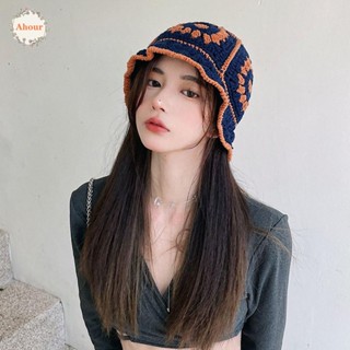 Ahour หมวกบักเก็ตลําลอง ผ้าถัก ลายดอกไม้ สไตล์เกาหลี สําหรับนักเรียน