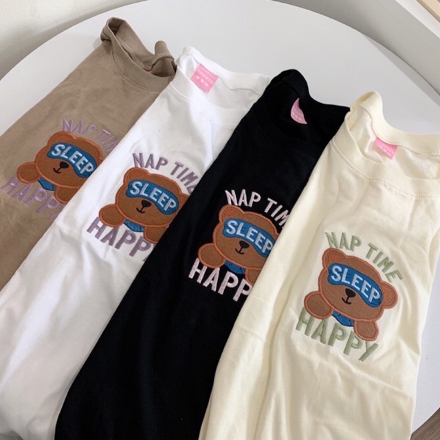 S051 เสื้อยืด oversize ผ้าคอตตอน ปัก หมีปิดตา NAP TIME HAPPY