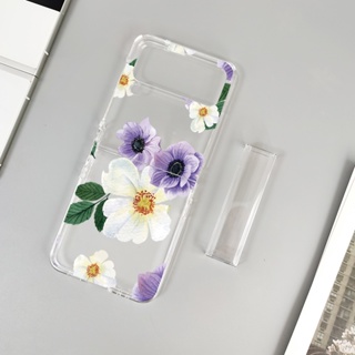 เคสแข็ง ลายดอกไม้ Samsung Galaxy Z Flip 4 Z Flip 3 เคสโทรศัพท์ บานพับใส กันกระแทก เคสป้องกัน