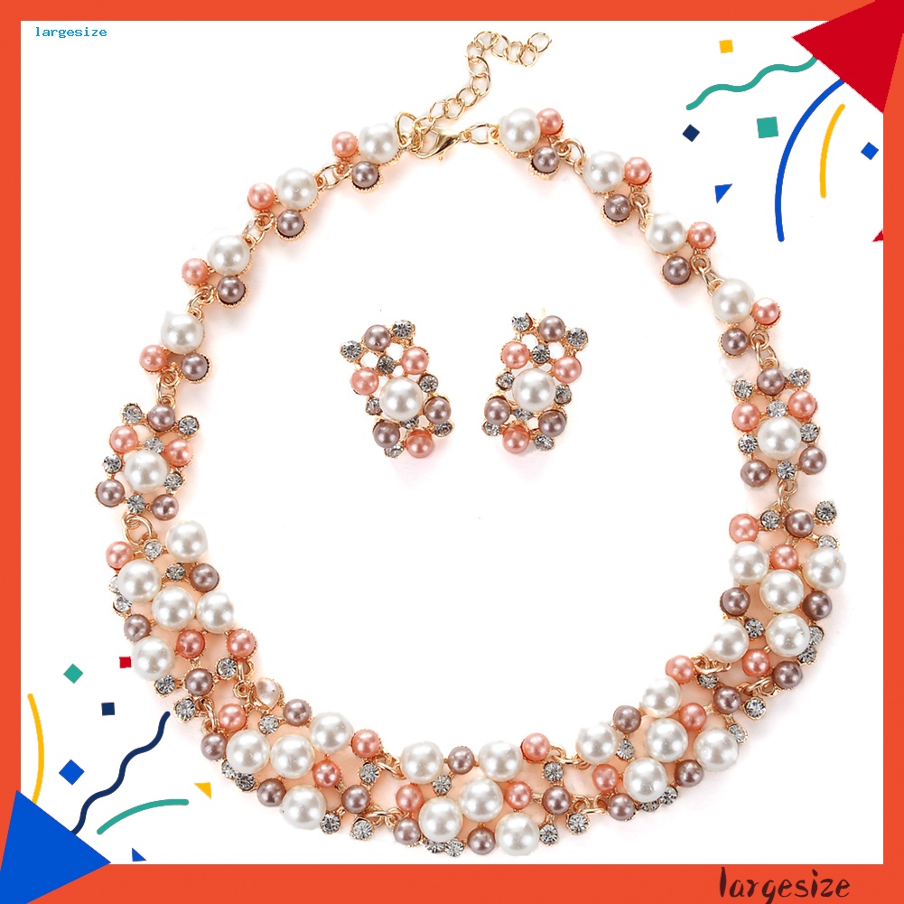 [LS] 2 ชิ้นผู้หญิงแฟชั่น Faux Pearl Rhinestone ฝังสร้อยคอต่างหูชุดเครื่องประดับ