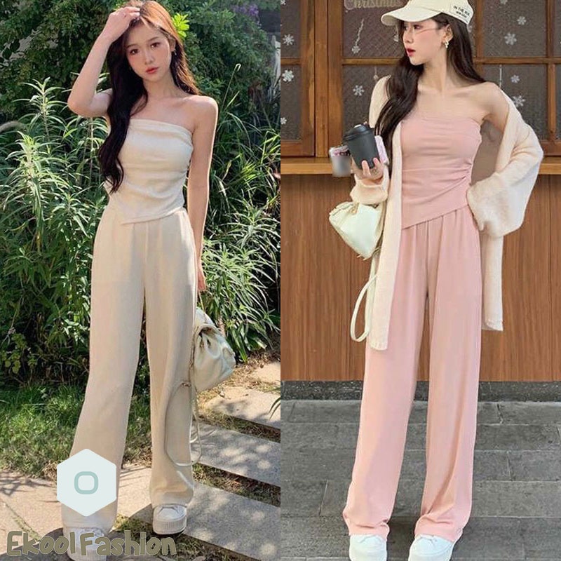 ชุด 2 ชิ้น เสือเกาะอก+กางเกงขายาวทรงหลวม ชุดเเฟชั่นสองชิ้นราคาถูกเนื้อผ้านิ่มใส่สบายสีพื้นๆ