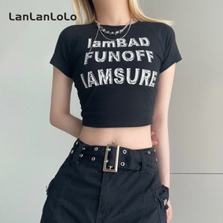 Lanlanlolo เสื้อยืดลําลอง คอกลม แขนสั้น พิมพ์ลายตัวอักษร ทรงสลิมฟิต สําหรับสตรี 2023