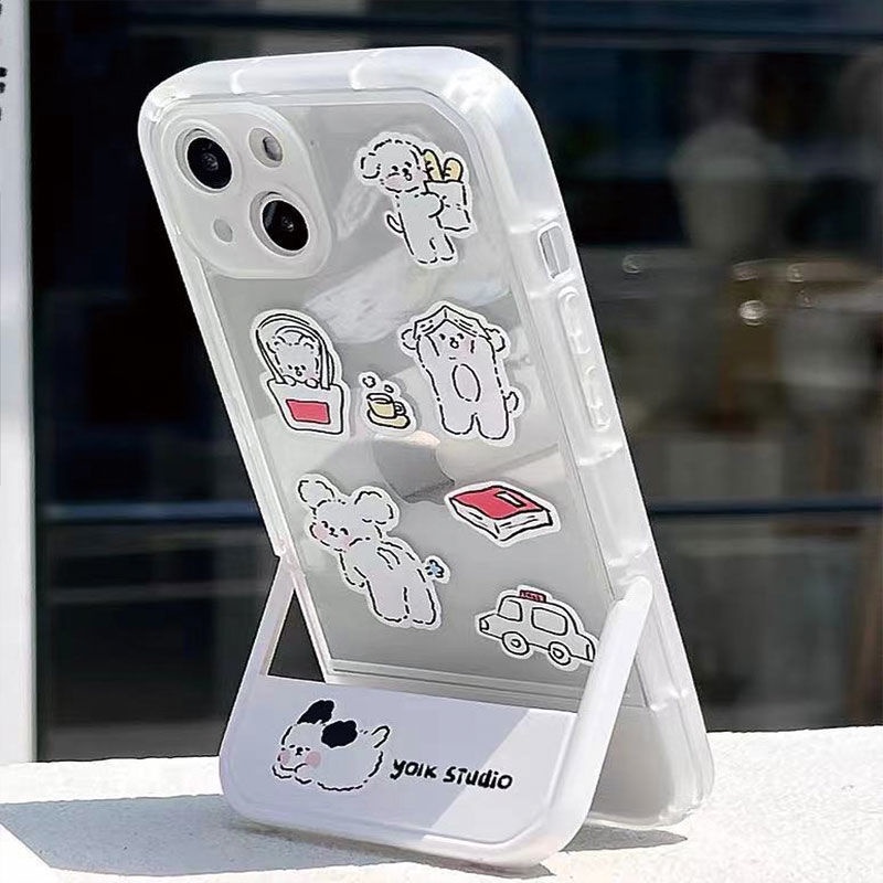 เคสโทรศัพท์มือถือ ซิลิโคนนุ่ม TPU ใส ลายลูกสุนัขน่ารัก พร้อมที่ตั้งวาง สําหรับ iPhone 15 14 13 12 Pro Max 11 XS XR X 8 7 6S Plus