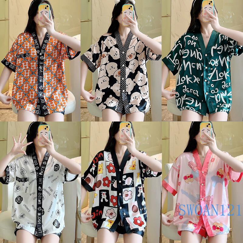 พร้อมส่ง ใหม่ชุดนอนผู้หญิงน้ำแข็งผ้าไหมคอวีคาร์แขนสั้นกางเกงขาสั้นชุดบวกขนาดเสื้อผ้าบ้านผู้หญิง