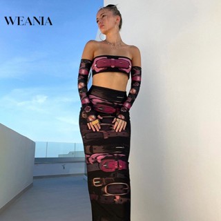 Weania ชุดเสื้อเกาะอก และกระโปรง พิมพ์ลาย เซ็กซี่ สองชิ้น สําหรับผู้หญิง