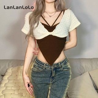 Lanlanlolo ชุดเสื้อแขนสั้นลําลอง ทรงไม่สมมาตร สีคอนทราสต์ แฟชั่นสําหรับผู้หญิง 2023