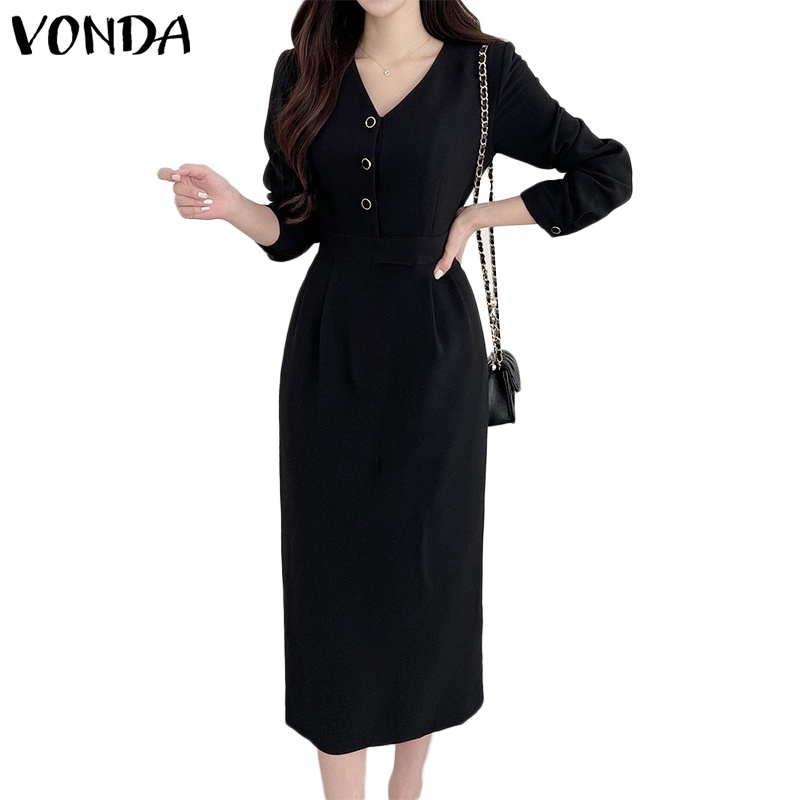 Vonda ชุดเดรสลําลอง แขนยาว คอวี เอวสูง สีพื้น สไตล์เกาหลี สําหรับผู้หญิง