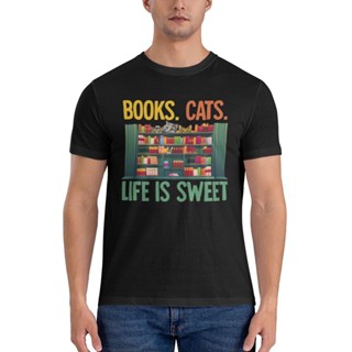 เสื้อยืด ผ้าฝ้ายแท้ พิมพ์ลายหนังสือ Cats Life Is Sweet คุณภาพสูง สําหรับผู้ชาย