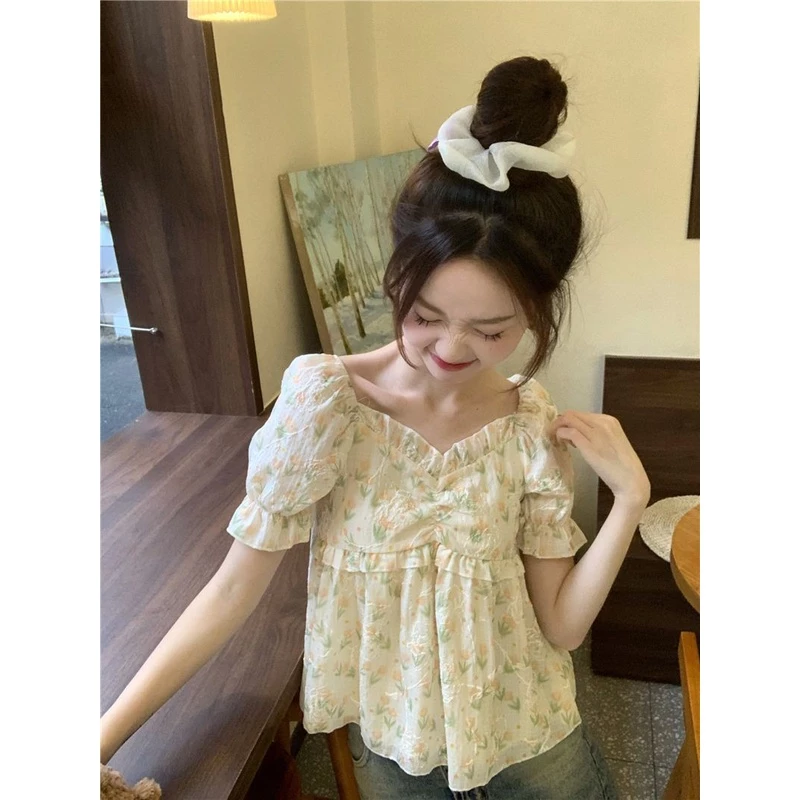 หวานหลวมเสื้อเชิ้ตแขนสั้นลายดอกเวอร์ชั่นเกาหลีน่ารักเสื้อสั้น thumbnail 4