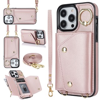 เคสโทรศัพท์มือถือหนัง มีซิป พร้อมสายสะพาย และช่องใส่บัตร สําหรับ iPhone 14 13 12 11 Pro Max XS X XR 7 8 Plus