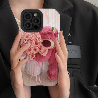 เคสโทรศัพท์มือถือแบบนิ่ม กันกระแทก ลายหมีสตรอเบอร์รี่ กุหลาบ สําหรับ iPhone 14 13 12 11 promax 11pro 7 8 plus 12pro 13promax xs xr xsmax 14pro