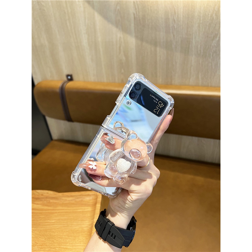 น่ารักเกาหลี 3D Love Heart Clear Bear Bracket กระจกสําหรับ Galaxy Z Flip4 5G Flip 5 Flip6 Flip4 Z Flip3 Zflip3 Zflip4 Flip3 ฝาครอบ