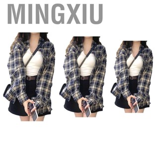 Mingxiu Women Single Breasted Shirt  Plaid Print Long Sleeve Loose Fit for Outdoor