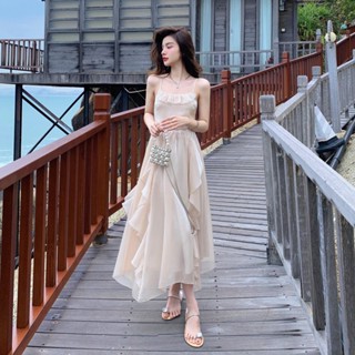 ชุดเดรสกระโปรงยาว สายเดี่ยว เข้ารูป สีชมพู สไตล์ฝรั่งเศส สําหรับสตรี