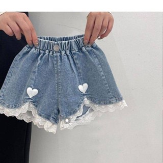 Childrens Denim Shorts Summer 2023 New Girls Outer Wear Western Style Lace Thin Lace Children Shorts Fashion 4rrD