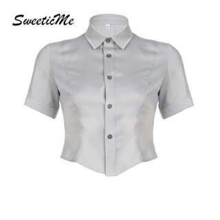 Sweeticme เสื้อเชิ้ตแขนสั้น คอปก ผ้าซาติน เข้ารูป สีพื้น แฟชั่นสําหรับผู้หญิง 2023